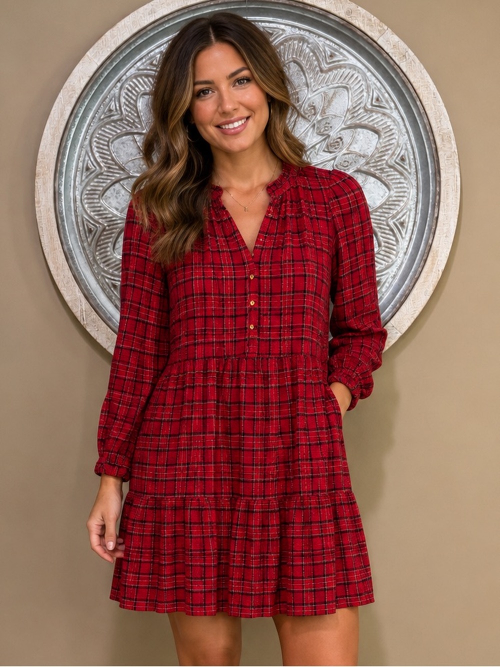 LOFT Red, Black, White Plaid Long-Sleeve Tiered Dress with Pockets & Gold Button